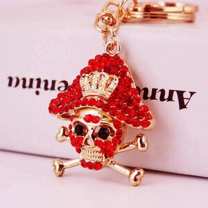 Pirate Skull Red Crystal Rhinestone Goldplated Keyring Handbag Charm Keychain
